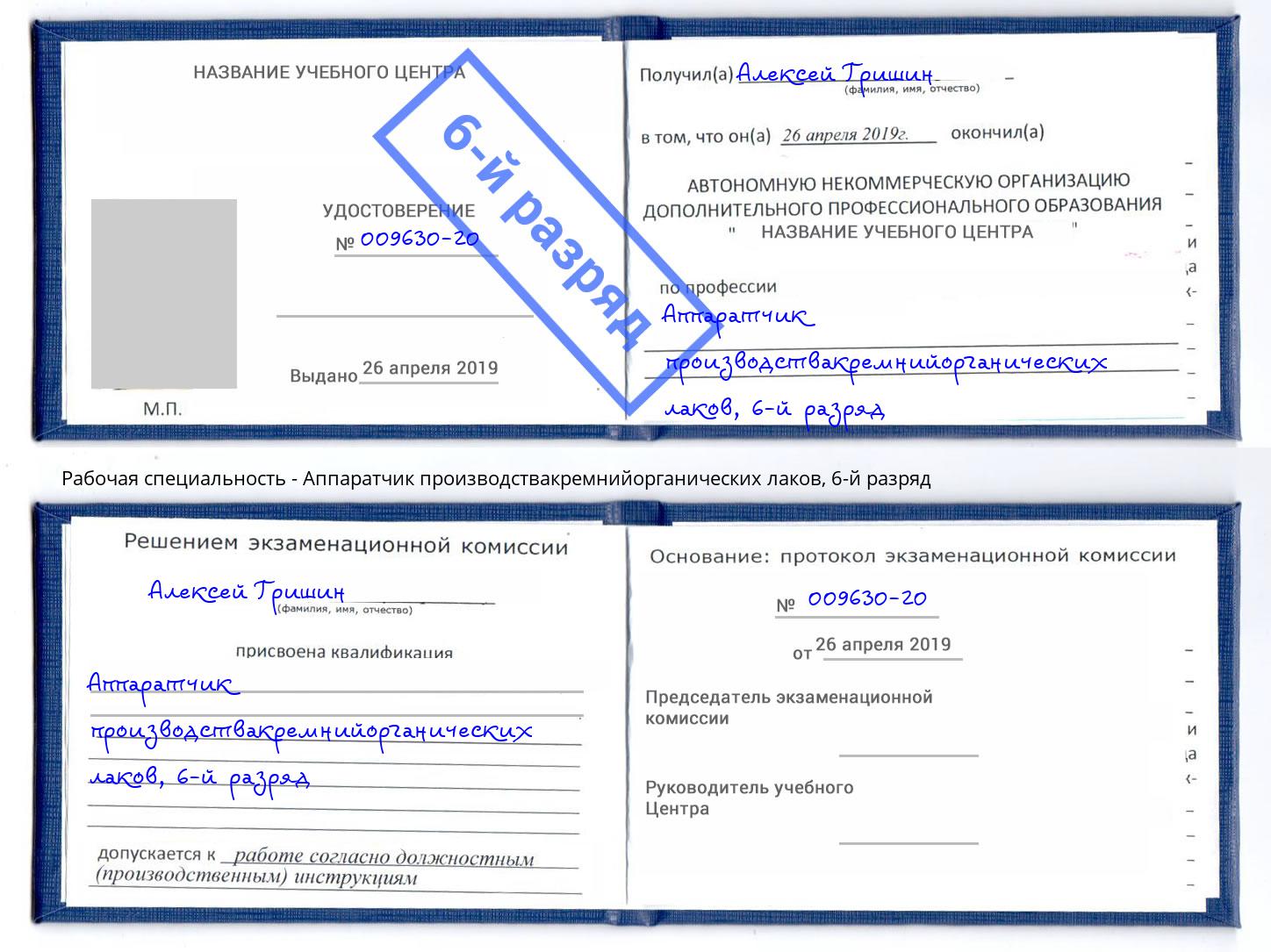 корочка 6-й разряд Аппаратчик производствакремнийорганических лаков Лениногорск