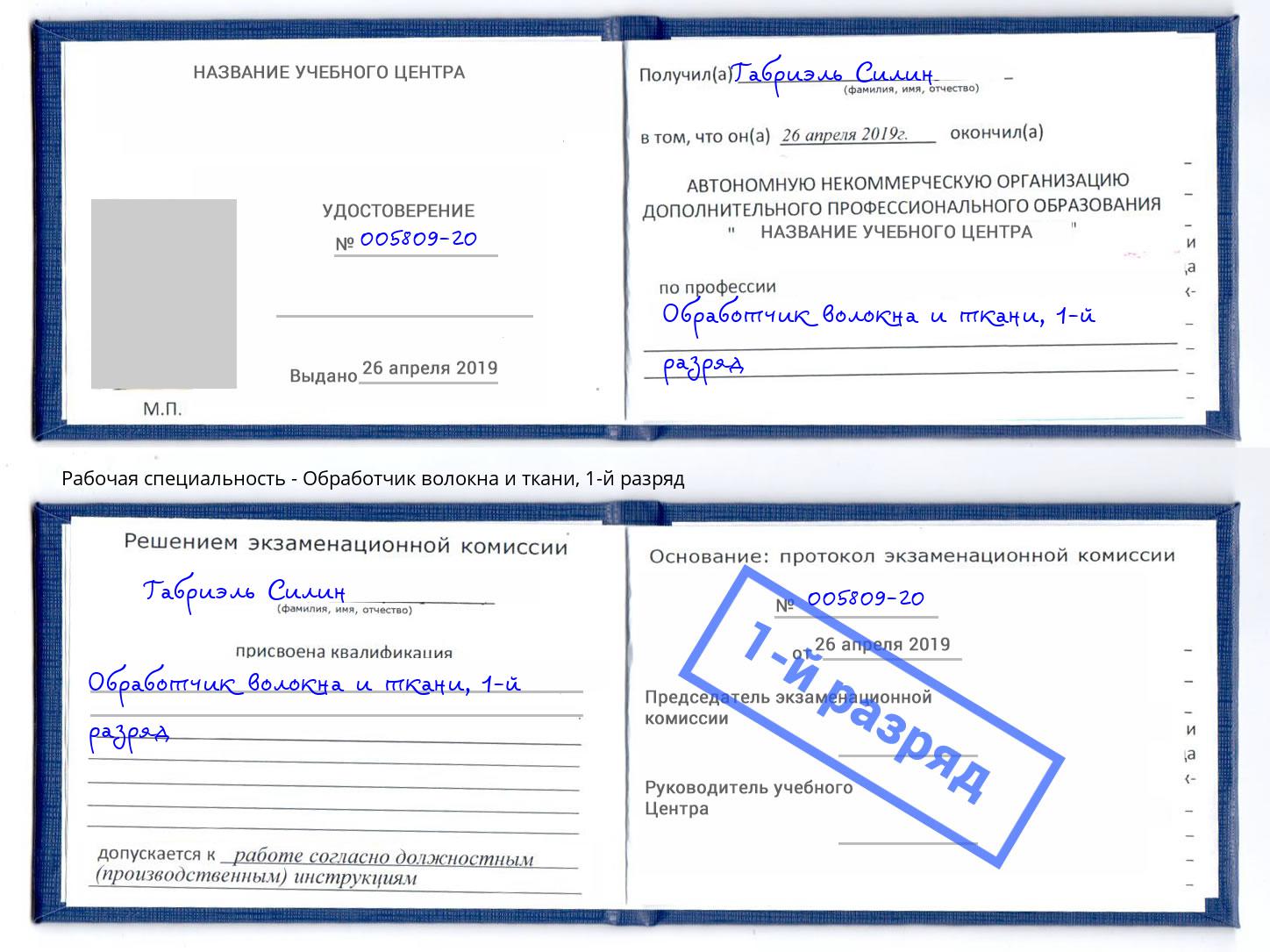 корочка 1-й разряд Обработчик волокна и ткани Лениногорск
